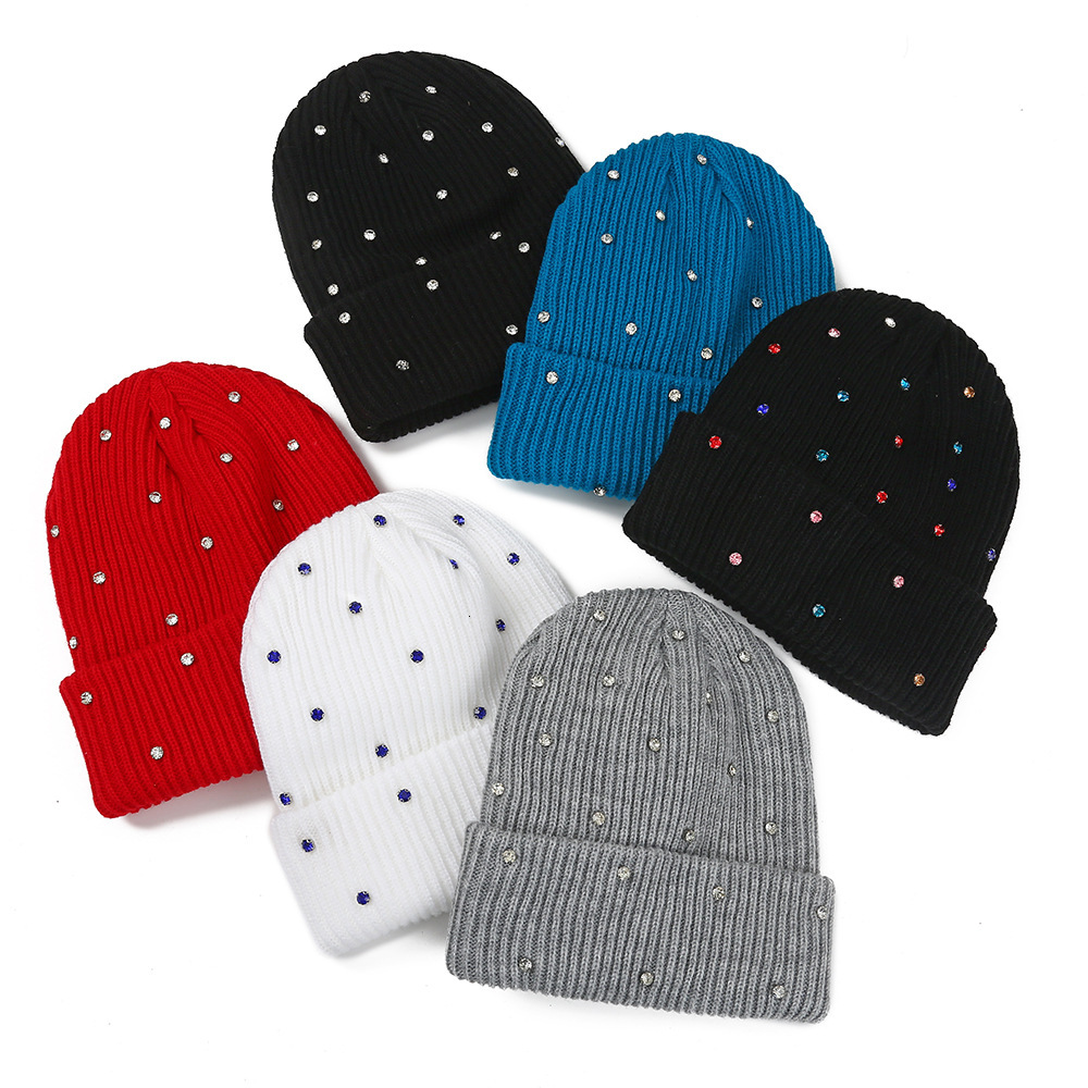 Versatile Ins Style Rhinestone Rabbit Fur For Women Fashion Heavy Craft Cold Warm Windproof Pullover Knitted Hat