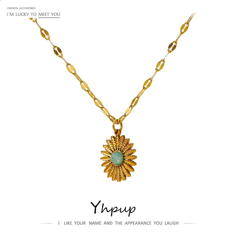 Yhpup 316L Stainless Steel Accessories Trendy Flower Natural Stone Pendant Necklace Charm Metal Collar Golden Fashion Jewelry 260917