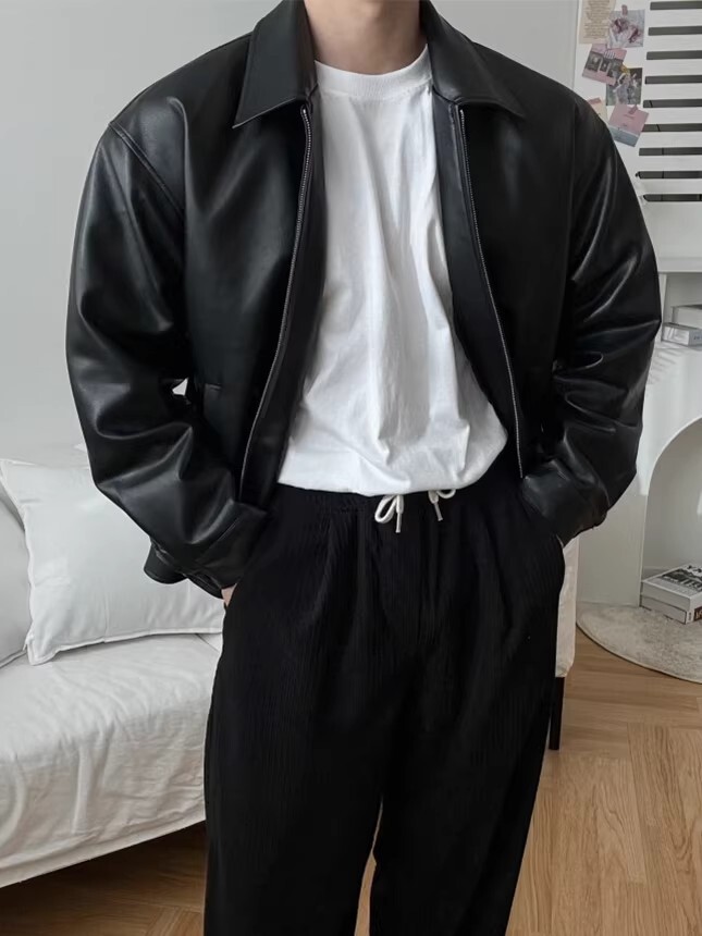 Men s leather jacket high end autumn and winter vintage style trendy Korean version stylish and cool with a turn down collar loose fitting biker jac