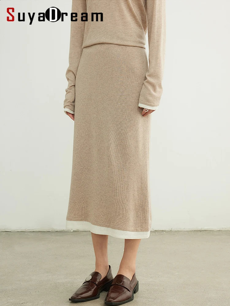 SuyaDream Women Long Skirt 32.4%Sheep Wool Solid Woolen Knitted Skirts Autumn Winter Warm Under Dress Grey Khaki 260917