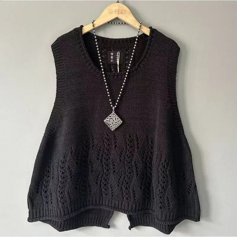 Vintage Autumn Winter Women Sweater Vest UNeck jacquard weave Hollow Out Korean Fashion Casual Loose Sleeveless Knitted Tops 260916