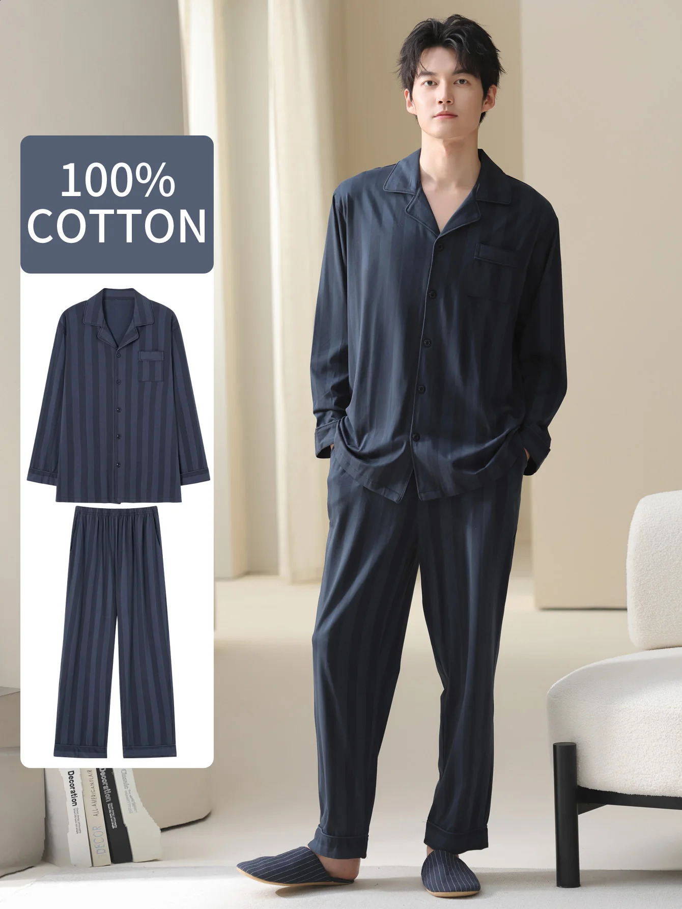 Mens 100% Cotton Long Sleeved Four Season Plus Size Sleepwear Teenage Pure Home Suit Set for Warmth 260918