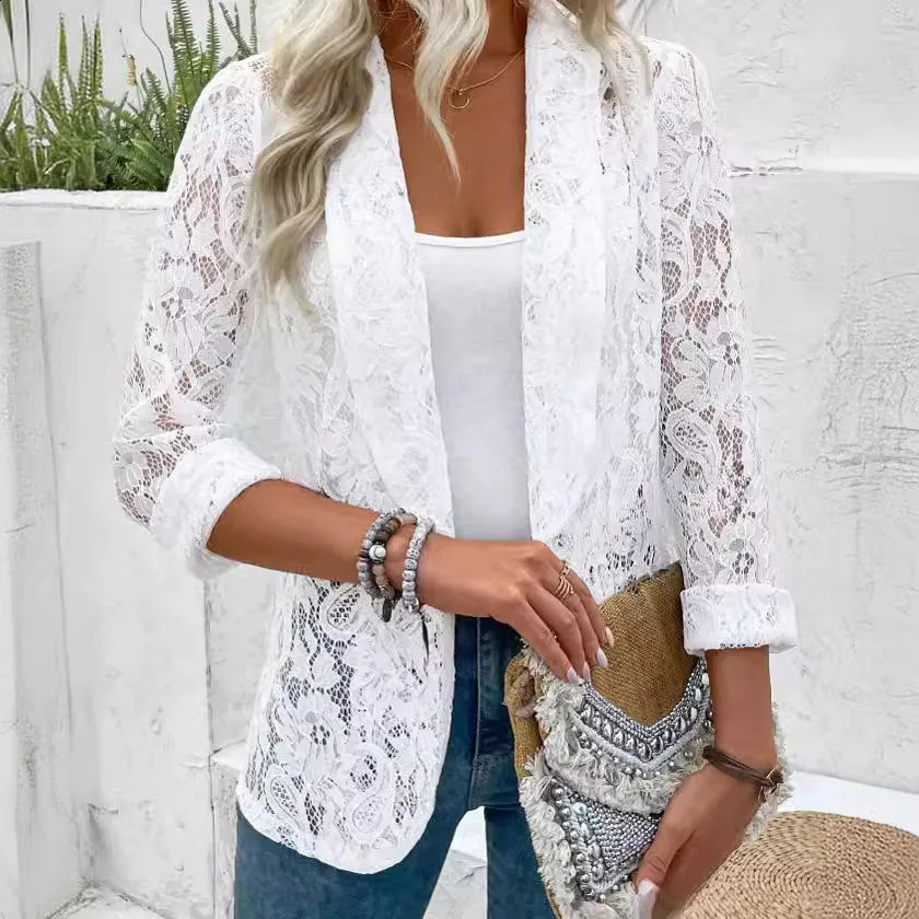 Summer White Lace Hollow Out Womens Coat Solid Open Stitch Blazers Outdoor Business Jackets Lightweight Office Ladies Coats 260918
