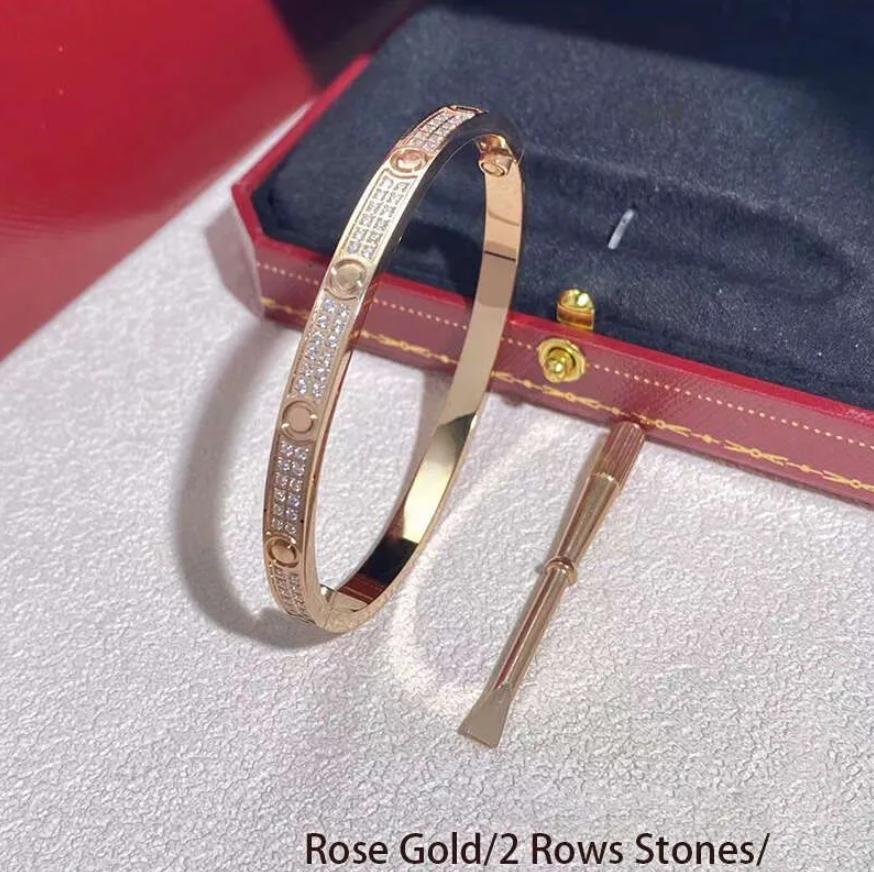 Newest Luxury Narrow Thin Bangle Designer Two-Row Diamond Bracelet Plated Gold Bracelets with Screwdriver 4mm Wide Size 16-19 Women Jewelry
