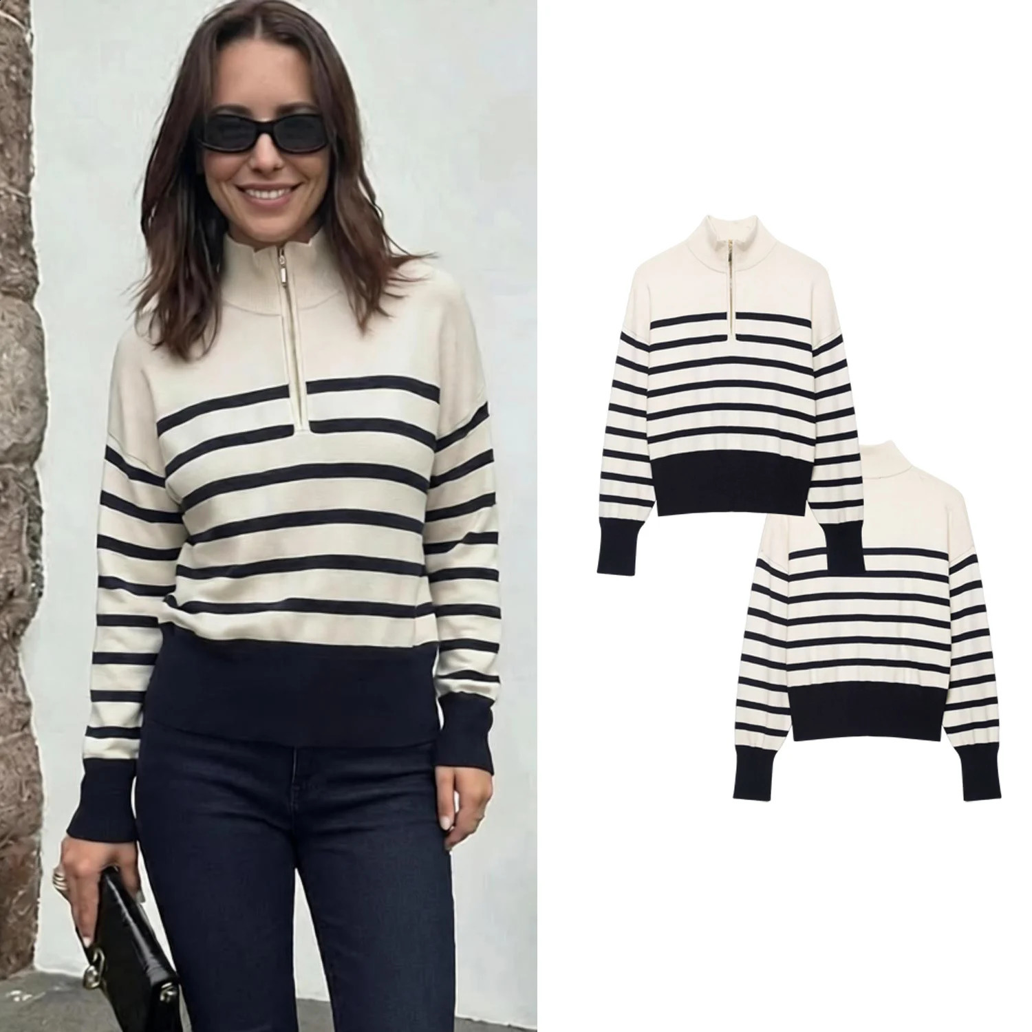 Women White Stripe Knitted Pullover Autumn Winter Female Stand Zipper Sweaters Lady Polo Casual Long Sleeve Elegant Knitwear Top 260918