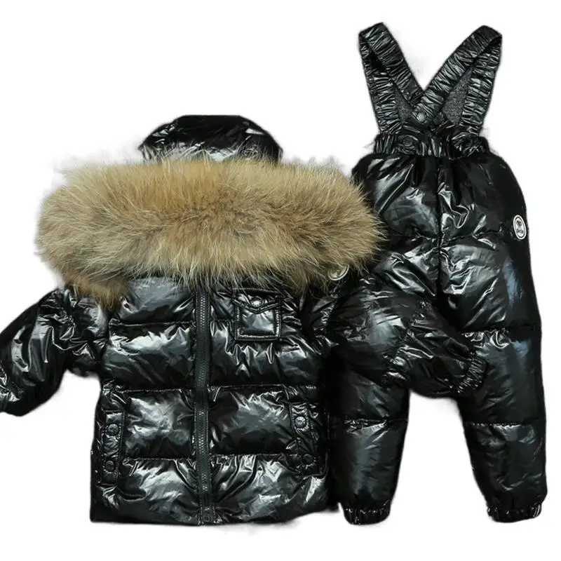RAISE Winter Children Boy 2PCS Clothing Set Real Fur Waterproof Duck Down Jacket Snowsuit Kid Boy Skiny Sticker Overall Ski SuitQ260917