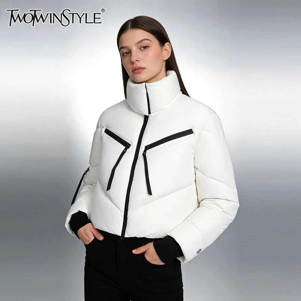 TWOTWINSTYLE Hit Color Slimming Spliced Zippers Basics Parkas for Women High Neck Long Sleeves Fashion Short Parka Female New H260917