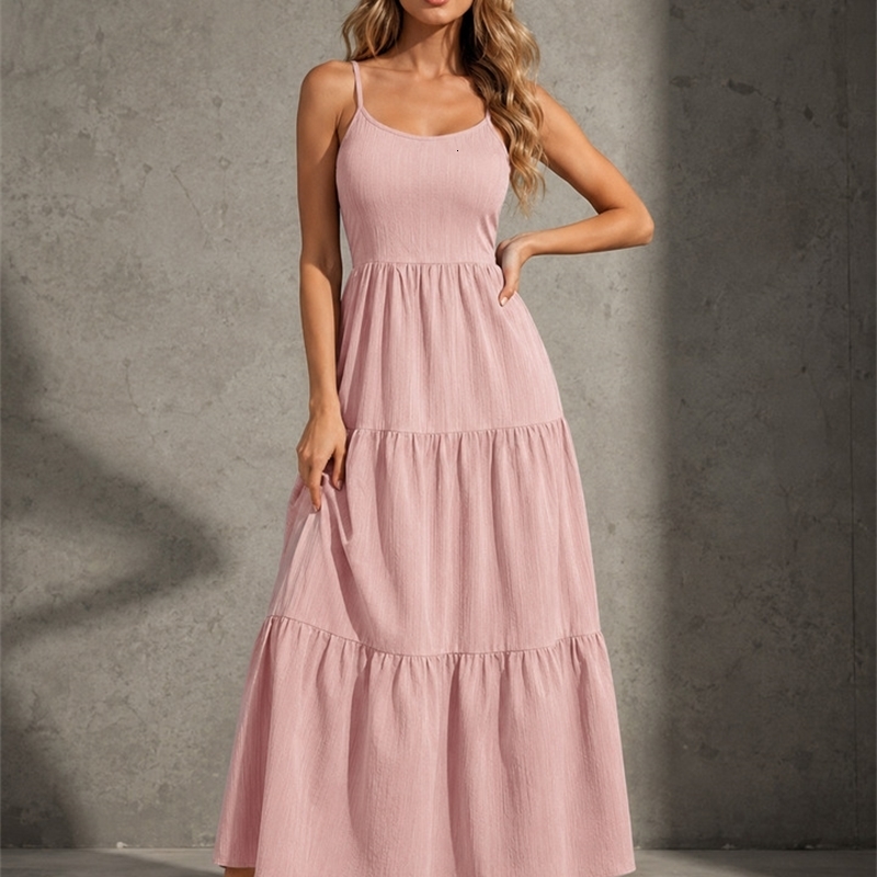 Back Bow Tie Tiered Maxi Cami Dress for Women Textured Crinkle Spaghetti Strap Sleeveless Flowy Long Solid Color y260905