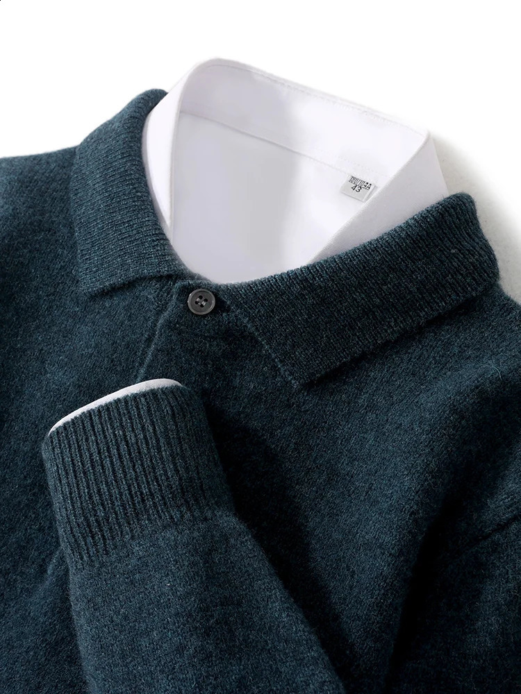 Men's POLO Collar Sweater Autumn Winter Thick Long Sleeve Business Pullovers 100% Merino Wool Knitwear Shirt Basic Clothes 260917