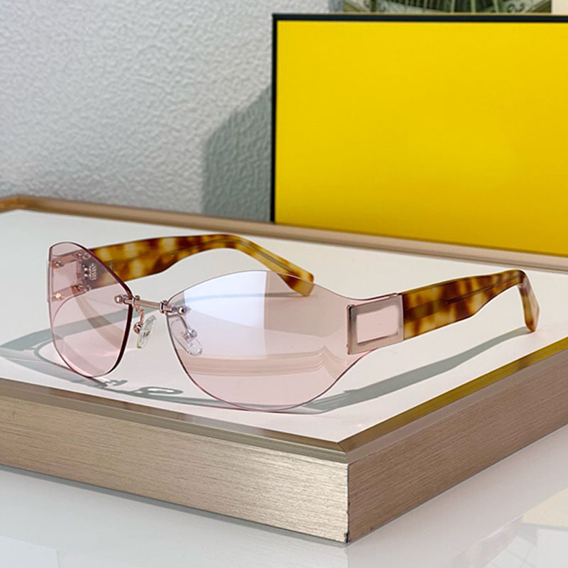 Designer Womens Frameless Curved Cat Eye Sunglasses FE4189U Amber Acetate Legs Pink Lenses Metal Square Logo Beach Resort Show Style UV400 with box