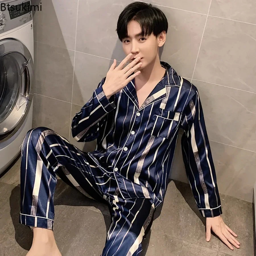 Loungewear Men's Fashion Long SleevePants Satin Soft Pajama Sets Comfort Jacquard Ice Silk Home Wear Sleepwear Suit for Men 260917
