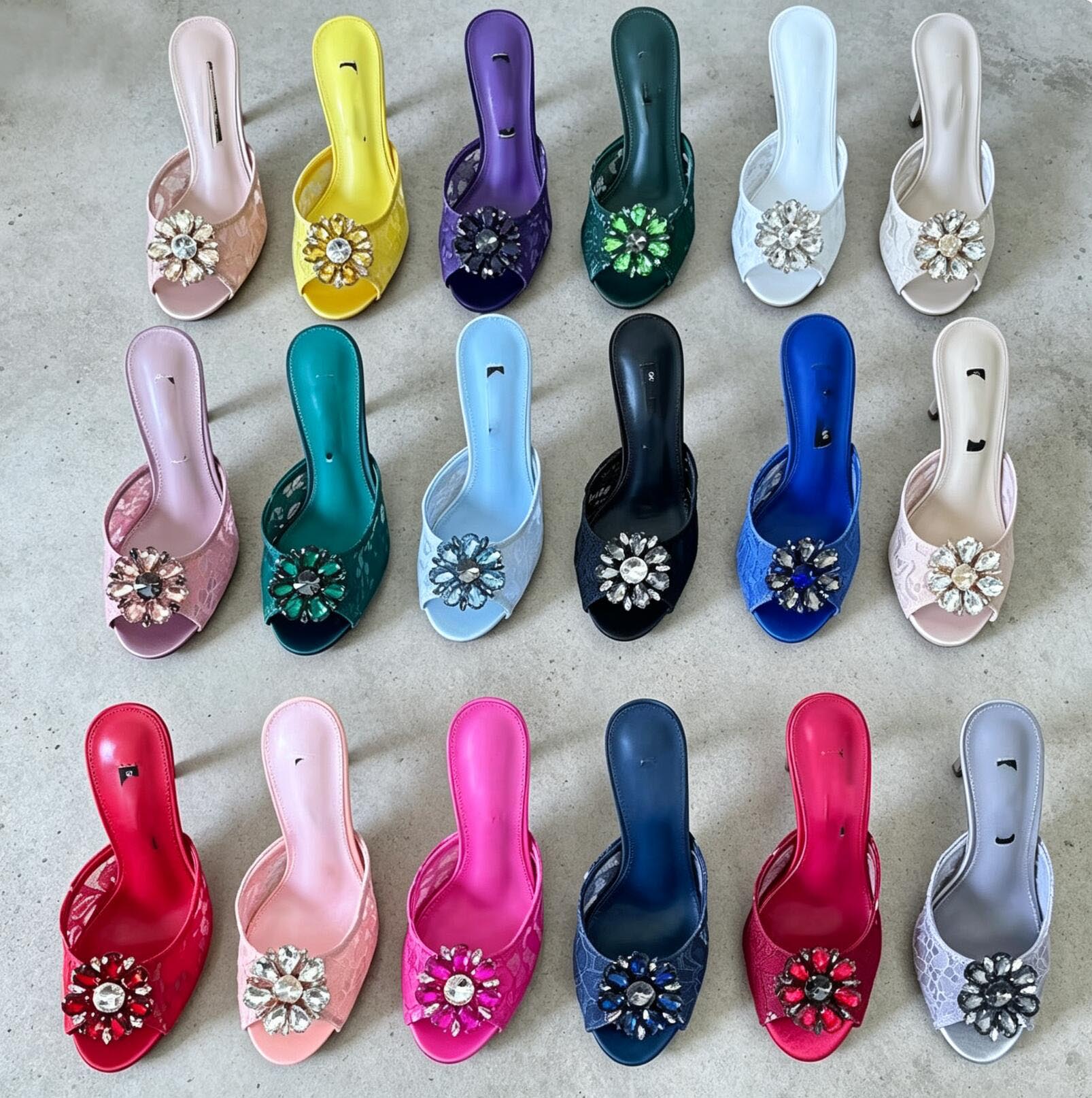 Women Sandals Lace Rhinestone Flower Stiletto Heel Mules Open Toe Slip On Slide Sandals Summer Party Dress High Heel Slippers EU35-43