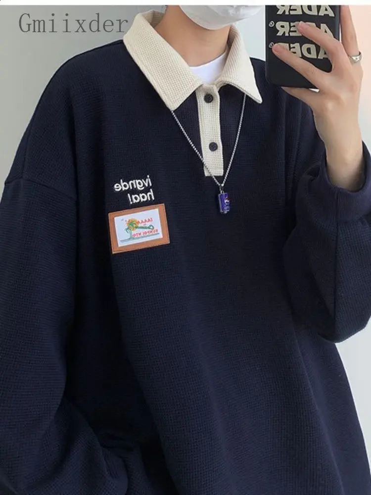 Gmiixder American Retro Vintag Sweatshirt Men Spring Autumn Loose Lapel Shirt Unisex Waffle Lapel Preppy Top Harajuku Navy Tees 260917