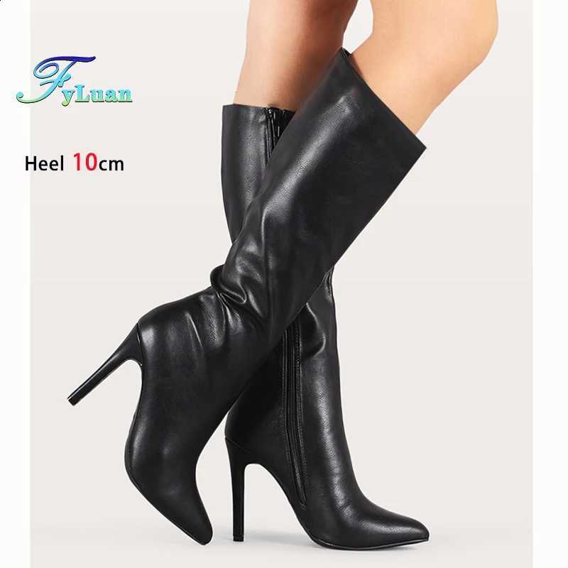 Leather Soft Size Spring 34-44 Autumn Shoes For Women fashion Pointed High Heel Boots 10CM Stiletto Black White Mid-Calf Boots D260916