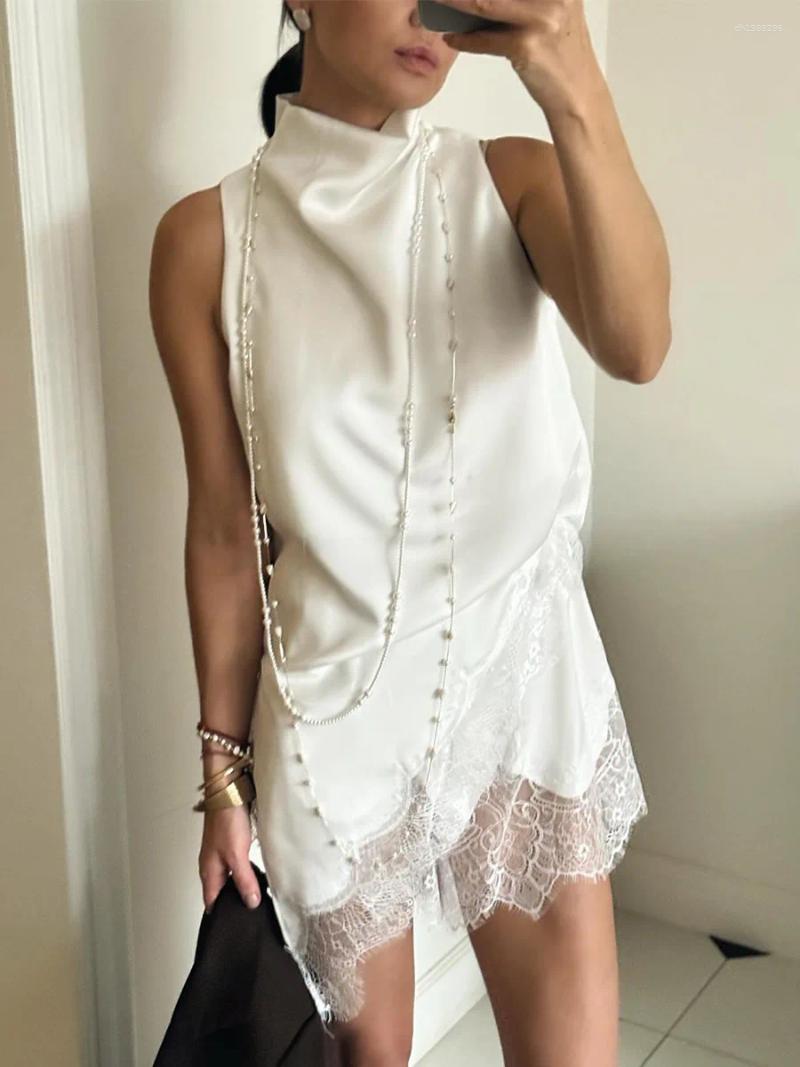 Summer Women's Satin High Neck Vest Irregular Silhouette Delicate Lace Tanks Trim Sleeveless Top