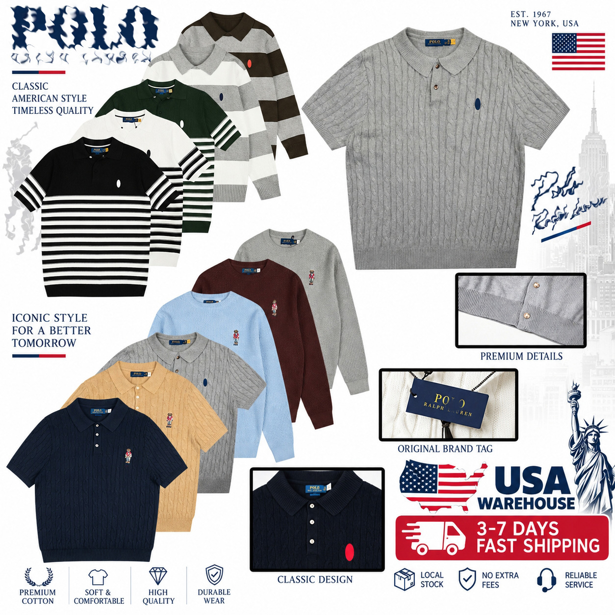 Ralf Polo High Quality Vintage Cable Knit Men's Sweater Long Sleeve Crew Neck Casual Embroidery Knitwear Sleeve Jumper Smart Casual Daily Fall