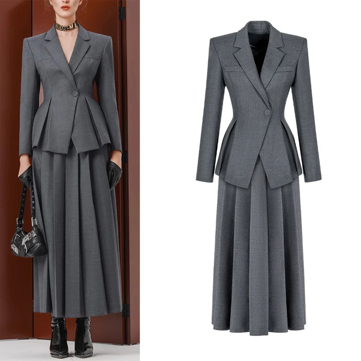 Autumn Winter Office Lady Elegant Two Piece Skirt Set Dress Elegant Workwear Gray BlazerPleated Skirt Outfits Fashionable 260917