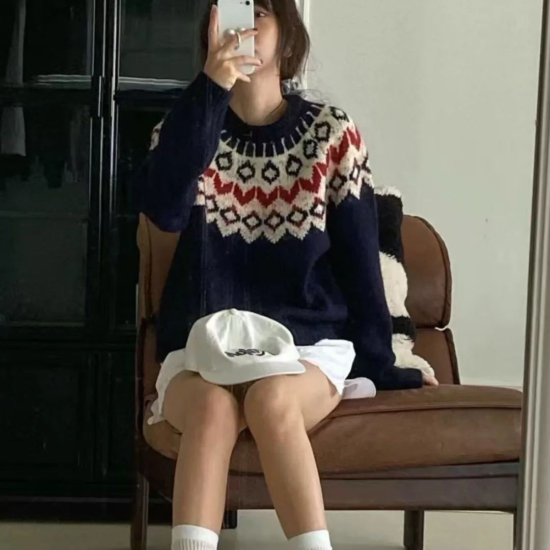Women's Loose Thickened Knitted Sweater Autumn Winter Nordic Style Retro Fair Isle Casual Inner Wear T-Shirt Overhead Top 260917