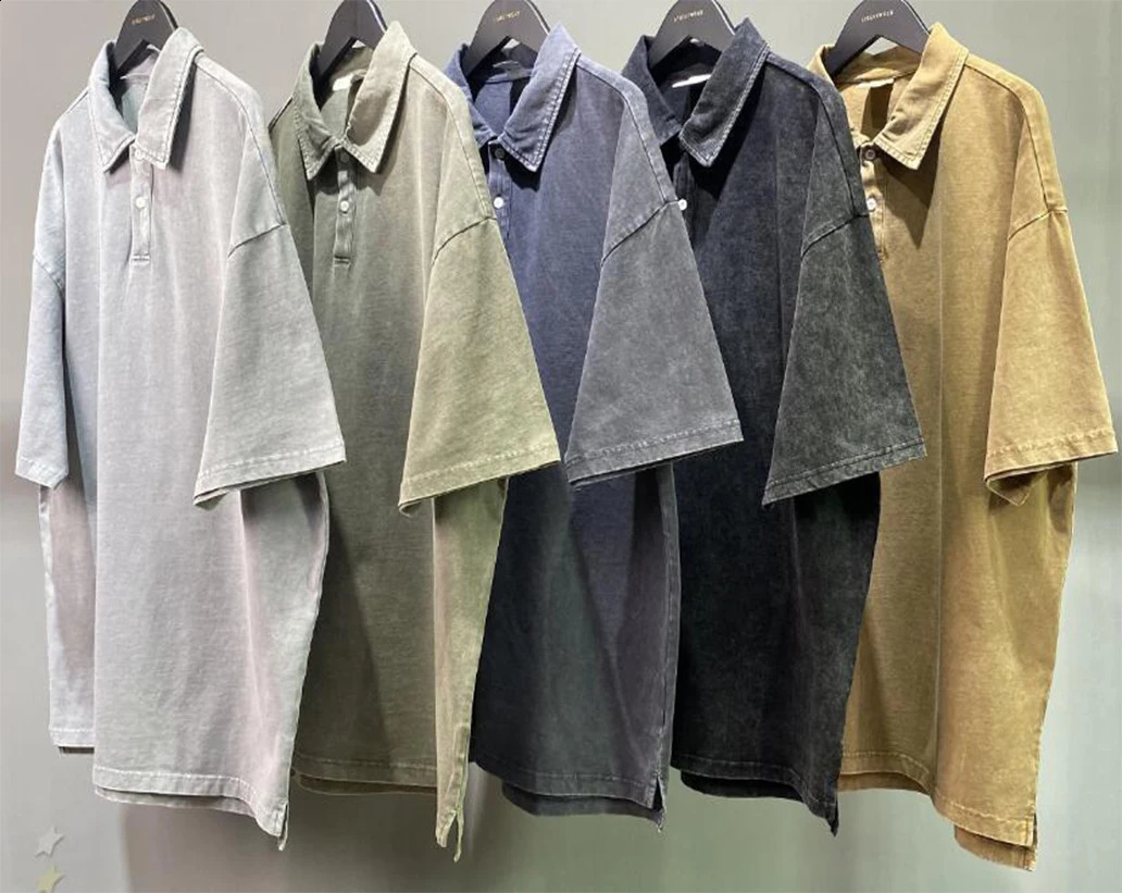 275g Lapel Polo Shirt Oversized Acid Washed Tee Retro Punk T-Shirt For Men's Women's 100% Harajuku Casual Streetwear Top 260917