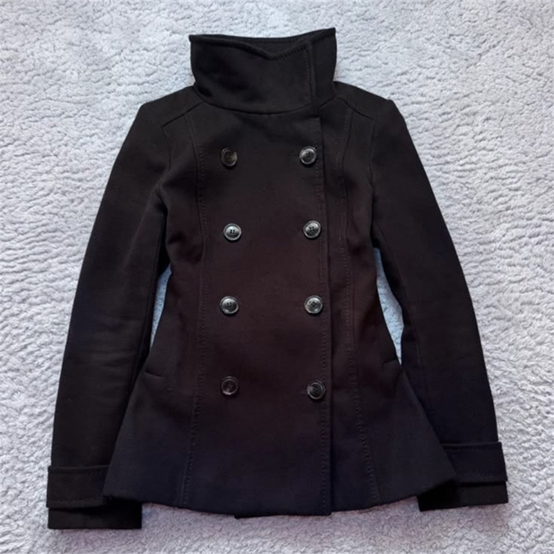 Winter Women Stand Collar Double Breasted Coat Short Peacoat Elegant Commuter Black Warm Woolen Jacket Office Lady Outerwear 260826