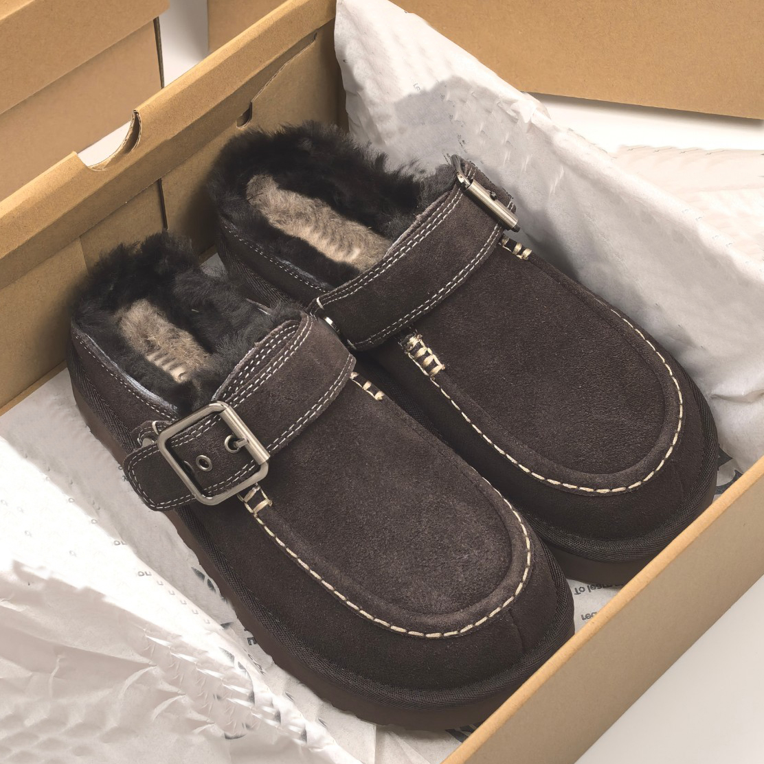 Women Goldenstar Evelina Clog Mule Fur Slides Sheepskin Slippers Mules Winter Warm Fashion Platform Fluffy Furry Slipper Sandals Size 35-40
