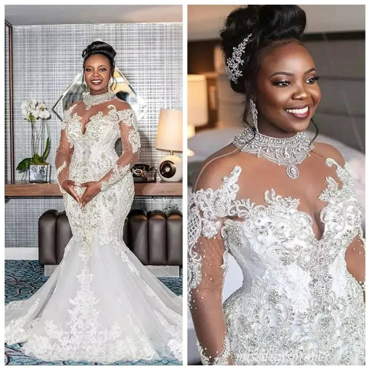 African Sexy Plus Size Mermaid Wedding Dresses High Neck Tulle Lace Appliques Crystal Beaded Diamond Bridal Gowns Custom Size for bride vestido de n