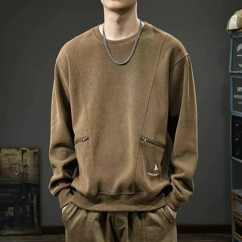 Men Casual Loose Round Neck Sweatshirts Americanstyle Workwear Zipper Pocket Patchwork Pullover Solid Color Heavy 260918