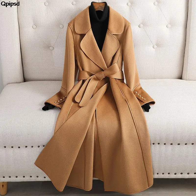 Patchwork Long Double sided 100% wool coat women spring autumn slim elegant jacket Korean Fashion casaco feminino 260918