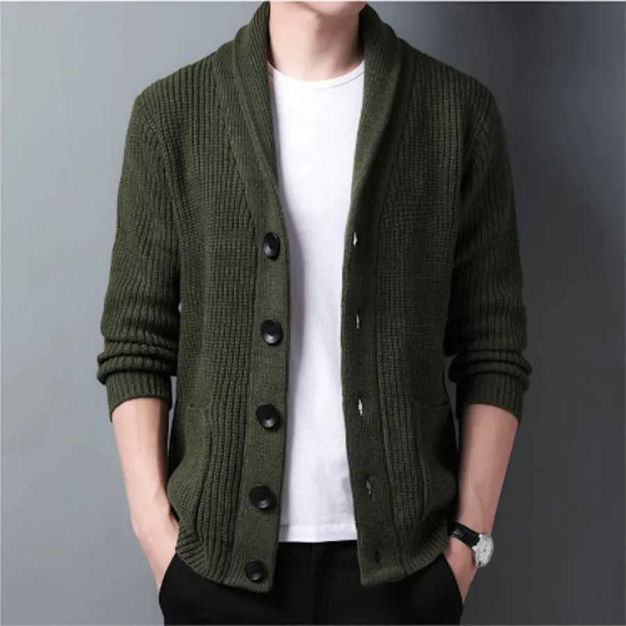 Army Green Cardigan Men Button-up Sweater Autumn Winter Knitted Coat Thick Warm Solid Streetwear Mens Fashion Clothing KX190 S2609180M29