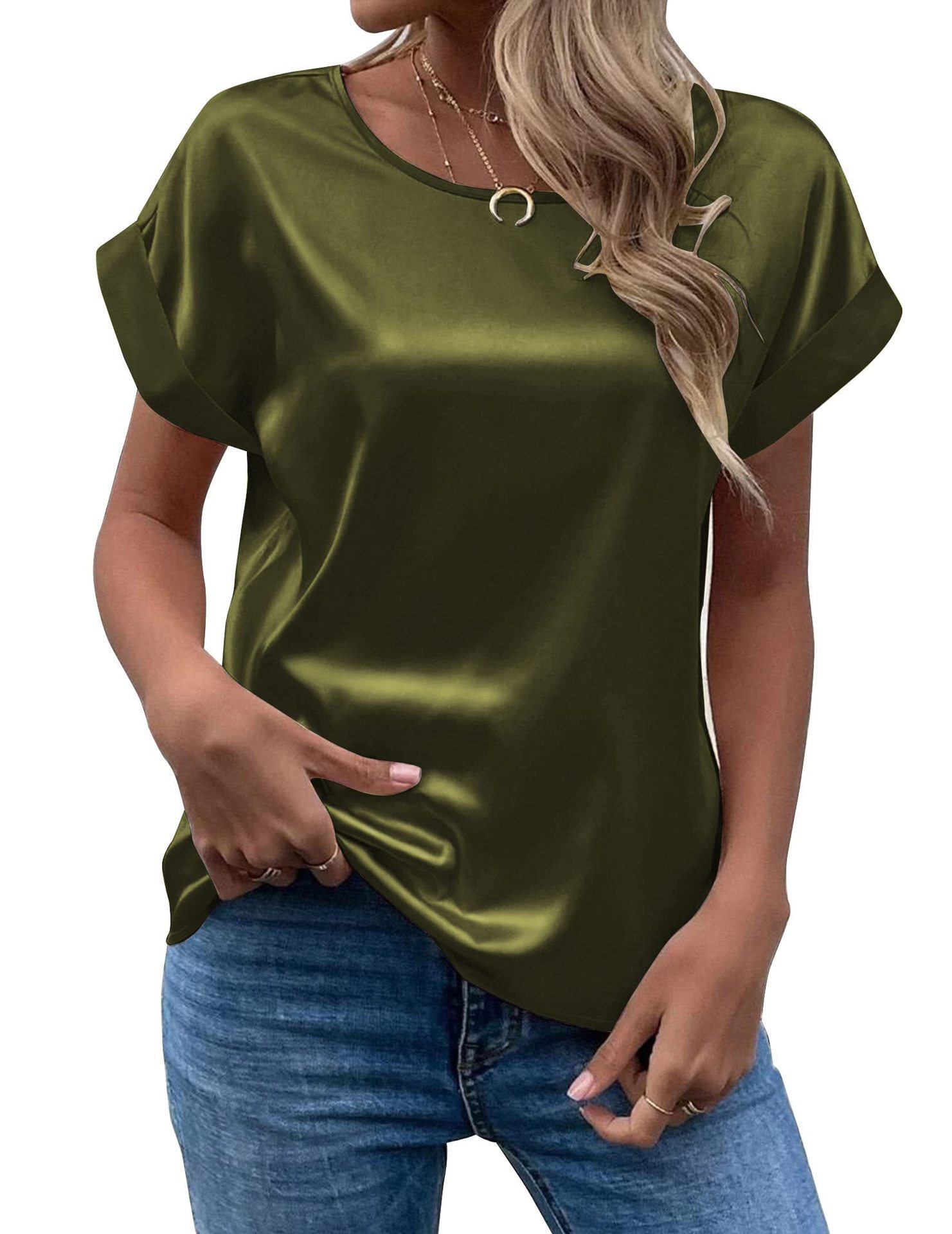 High quality Fashion 2026 Summer Trade Source Temperament Satin Pullover Round Neck Straight Women's T-Shirt Direct Source
