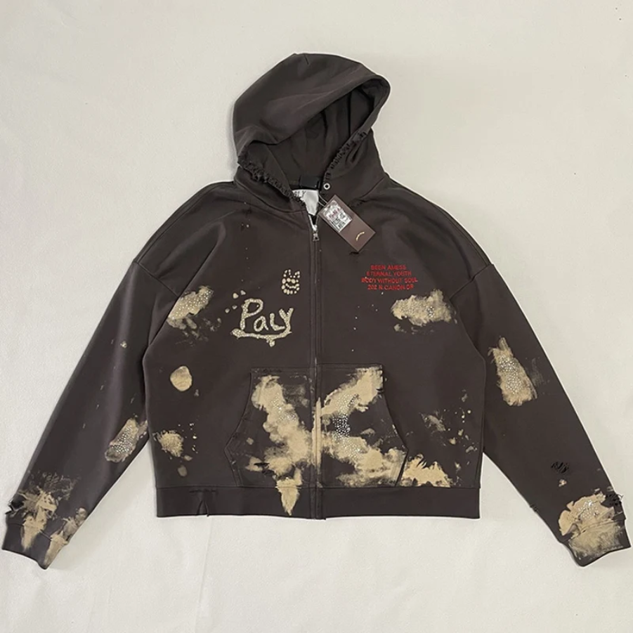 Heavy Fabric Coton Vintage Brown Splash-ink Damaged Hole Zip Up Coats Letters Embroidery Zipper Hoodie Tag