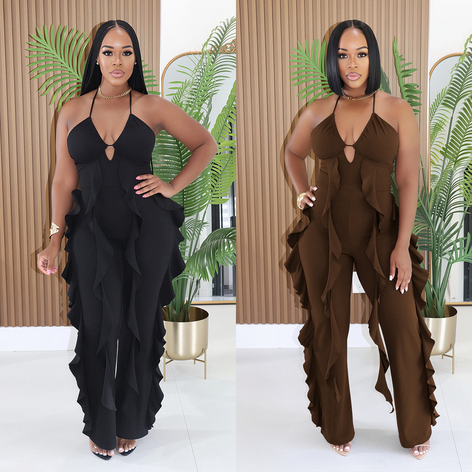 Cross-border new women's elegant halter neck V-neck ruffled high-waisted slimming wide-leg party jumpsuit