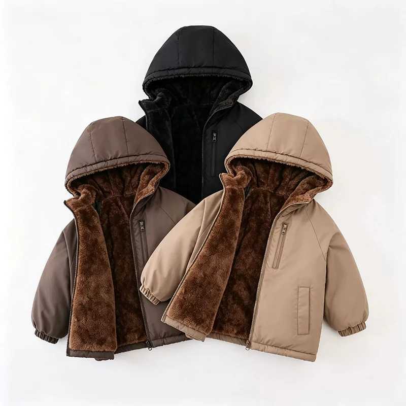 Kids Double-faced Fleece Hooded Jackets Autumn Winter Solid Color Thick Warm Down Cotton Coat for Boys Girls 3-8 YearsQ260917