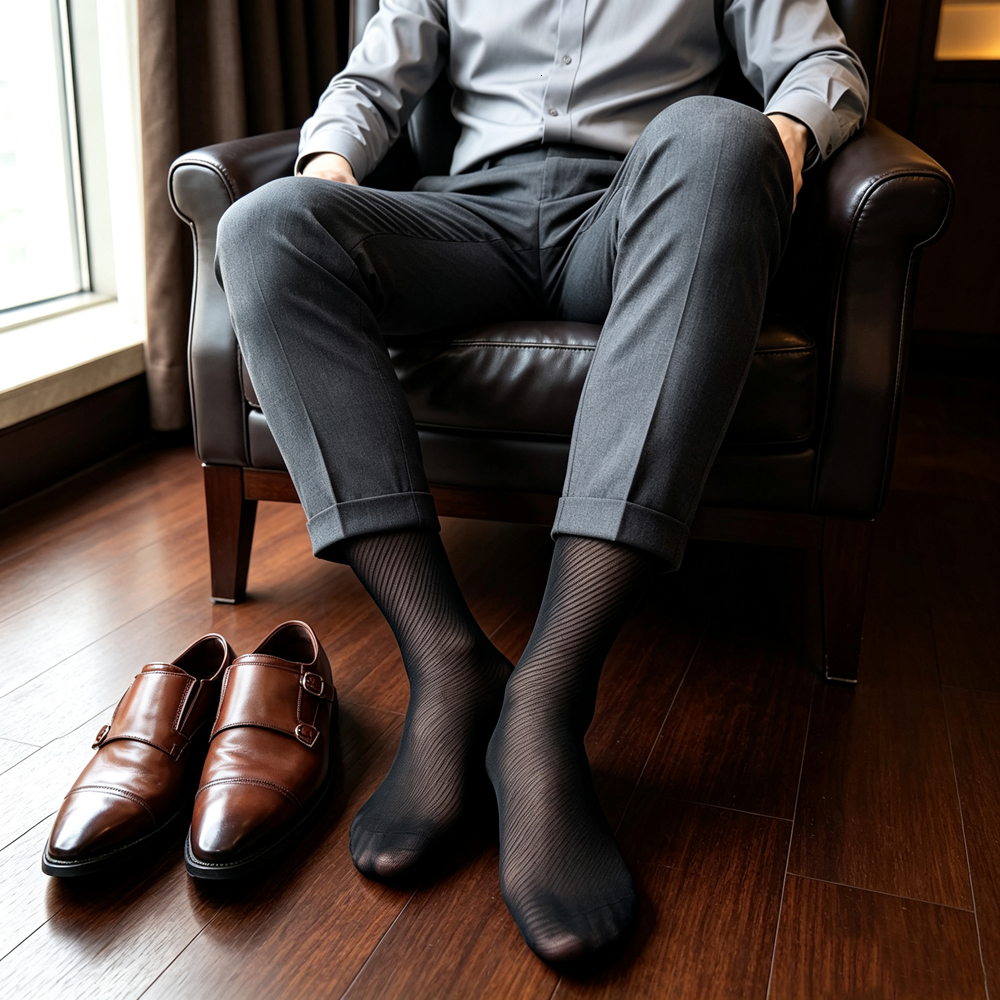Men's Sexy Over Knee Sheer Black Formal Business Dress Socks Striped Long Stockings High Elastic Breathable Office Tights