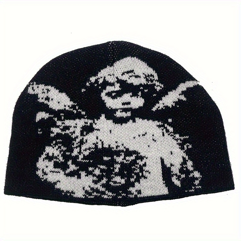 Angel Jacquard Beanie Black White Edgeless Skull Cap Winter Hat for Women Men Gothic Y2K Beanie for Everyday Formal Events 260917