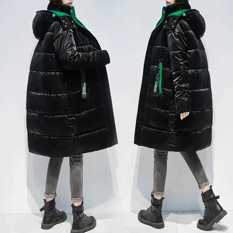 2023 New Women Winter Glossy Long Parkas Hooded Thicken Warm Female Snow Wear Coat Padded Loose Clothes Hat Detachable Jacket H260917