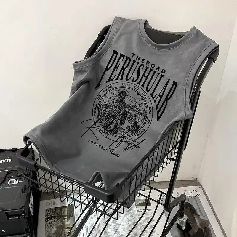 Suede American retro sleeveless tshirt men summer loose ruffian handsome ins trend vest student top y2k clothes t shirt 260918