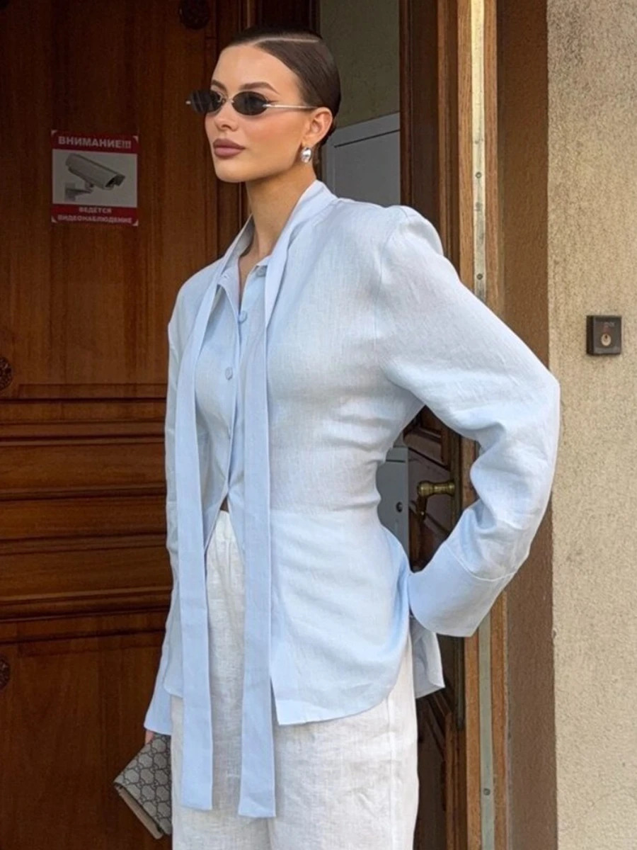 Bornladies Autumn Tie Belted Shirt Women's Floating Ribbon Cardigan Top Commuting 100% Cotton Slim Blouse 260917