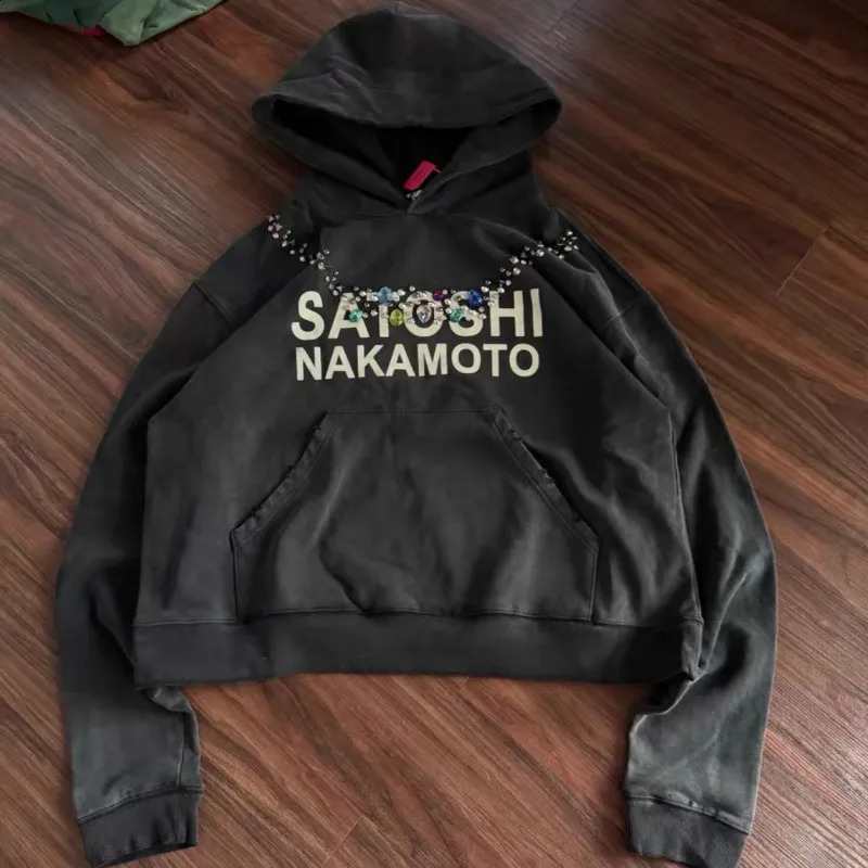 Vintage Distressed Washed Black SATOSHI Hoodie Colorful fix Rhinestones Necklace Letter Print Sweatshirt Men Women Outfit 260918