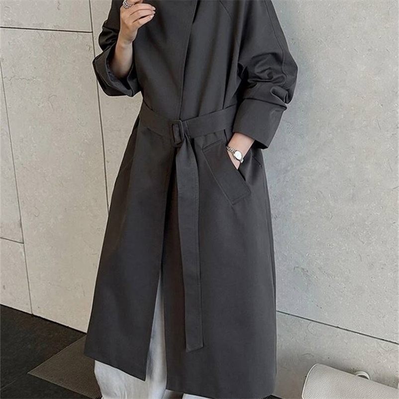 EAM Women Gray Belted Pocket Big Size Trench Stand Collar Long Sleeve Windbreaker Fashion Spring Autumn 2026 1DJ9015 260917