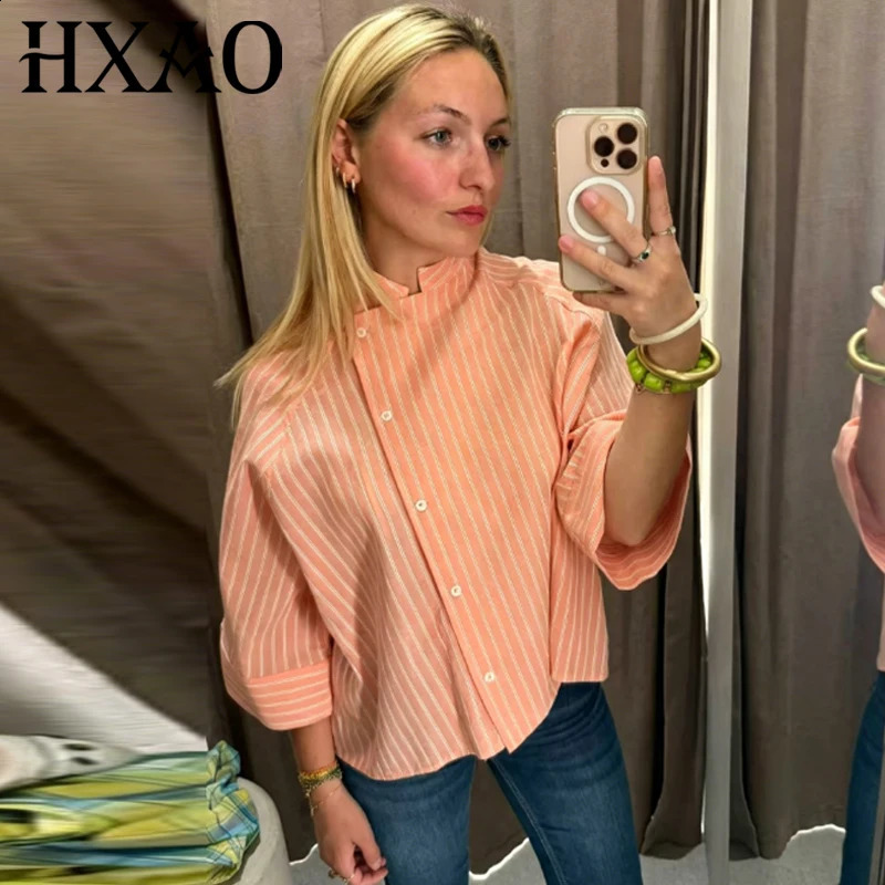 HXAO Striped Loose Shirt Women's Shirt Summer 2026 Elegant Asymmetric Button Mid Sleeve Tops For Woman Casual High Street Blouse 260917