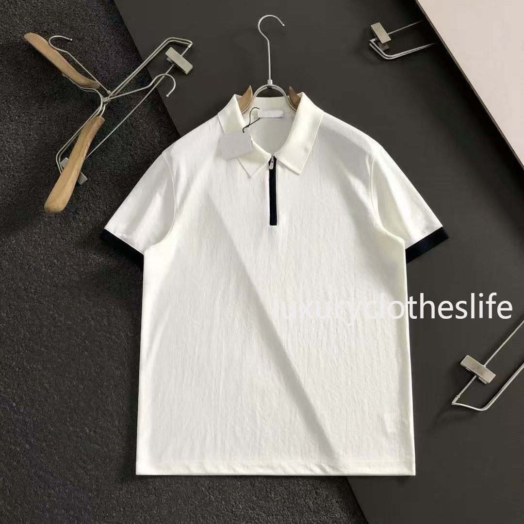 Designer Shirts Men Spring and Summer Old Money Tencel Linen Short Sleeve Blue and White Color Lapel POLOs Shirt B1289