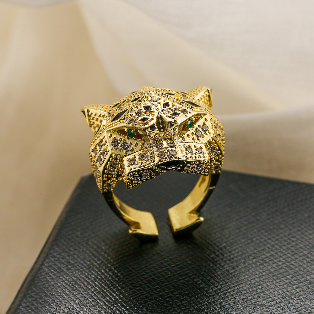 High Quality Fashion Statement Big Animal For Women Girl Party Jewelry Gold Color Zircon Leopard Open Ring Wholesale
