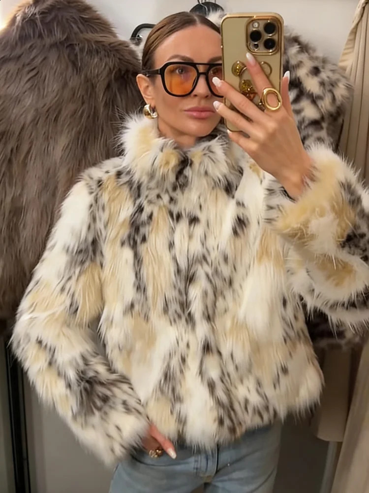 2026 Winter Animal Print Fluffy Faux Fur Coats For Women Chic Thick Warmth Stand Collar Jacket Street Lady Long Sleeve Outerwear 260917
