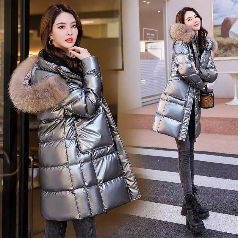 2023 New Winter Fashion Fur Collar Bright Face Down Coat Women's Mid length Down Jacket Knee Thickened Warm Cotton Coat H2609171