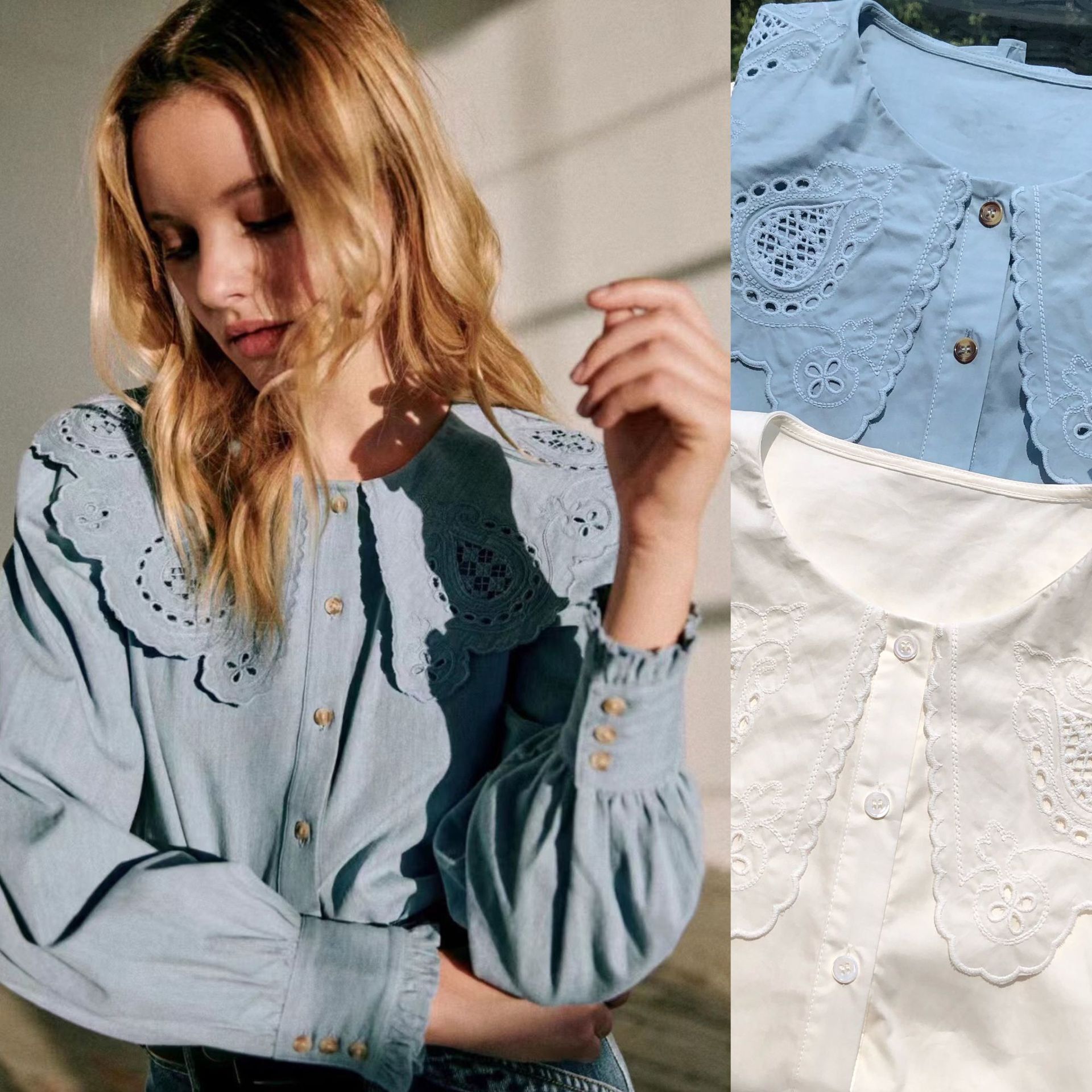 Sweet and charming girl French romantic style Artistic embroidery Vintage wide collar Hollow out doll collar cotton shirt