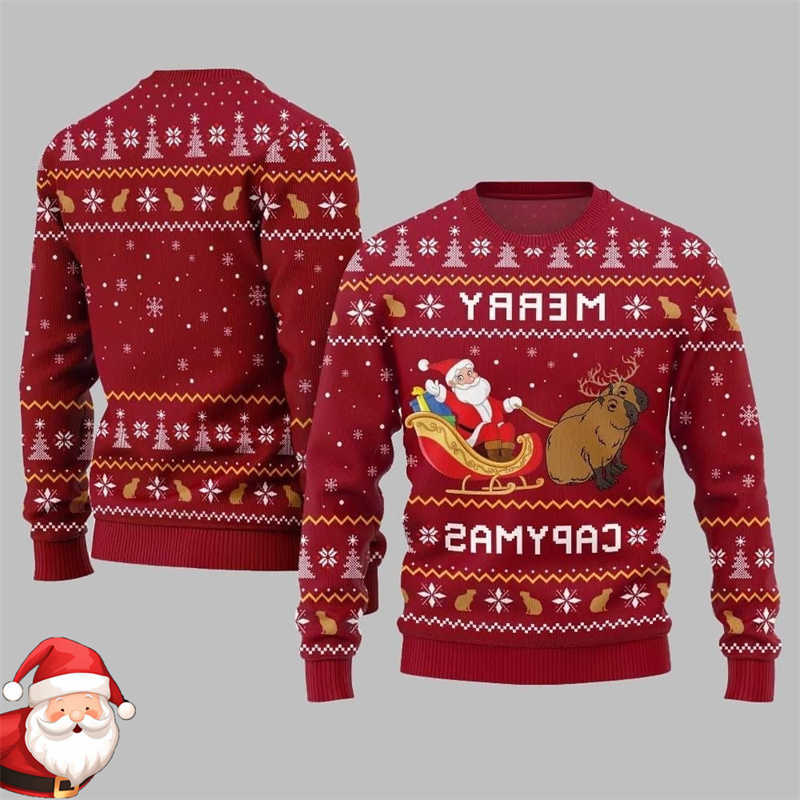 hoodie Fun Merry Capymas Christmas Sweatshirt For Men Santa Claus And Capybara Print Design O-neck Christmas Pullover Ugly Sweater 2026 New Year C26