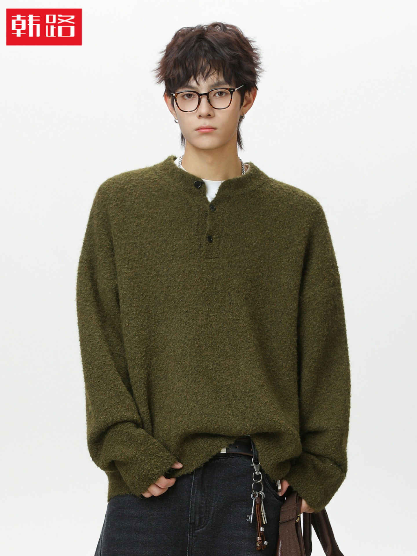 Luxurious vintage style Henley polo knit sweater perfect for autumn and winter with a thick warm and cozy feel offering a relaxed and stylish look