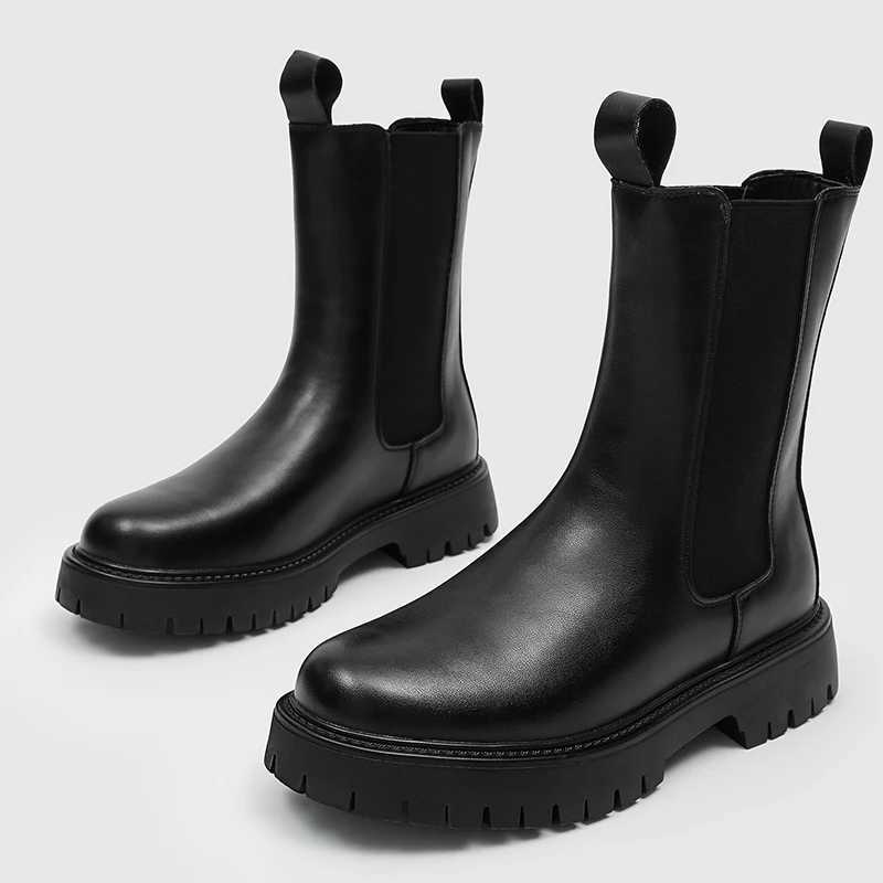 Men Autumn Winter Solid-Color Elastic Casual Mid-Top Boot Comfortable Anti -Slip Motorcycle Boot Fashionable And Warm Flat Boots Q260916