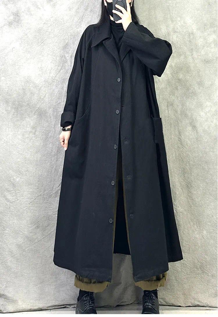 Plus Size Women's Casual Loose Fit Distressed Patchwork Daily Trench Coat With Pockets Single Breasted Long Length Jacket Female